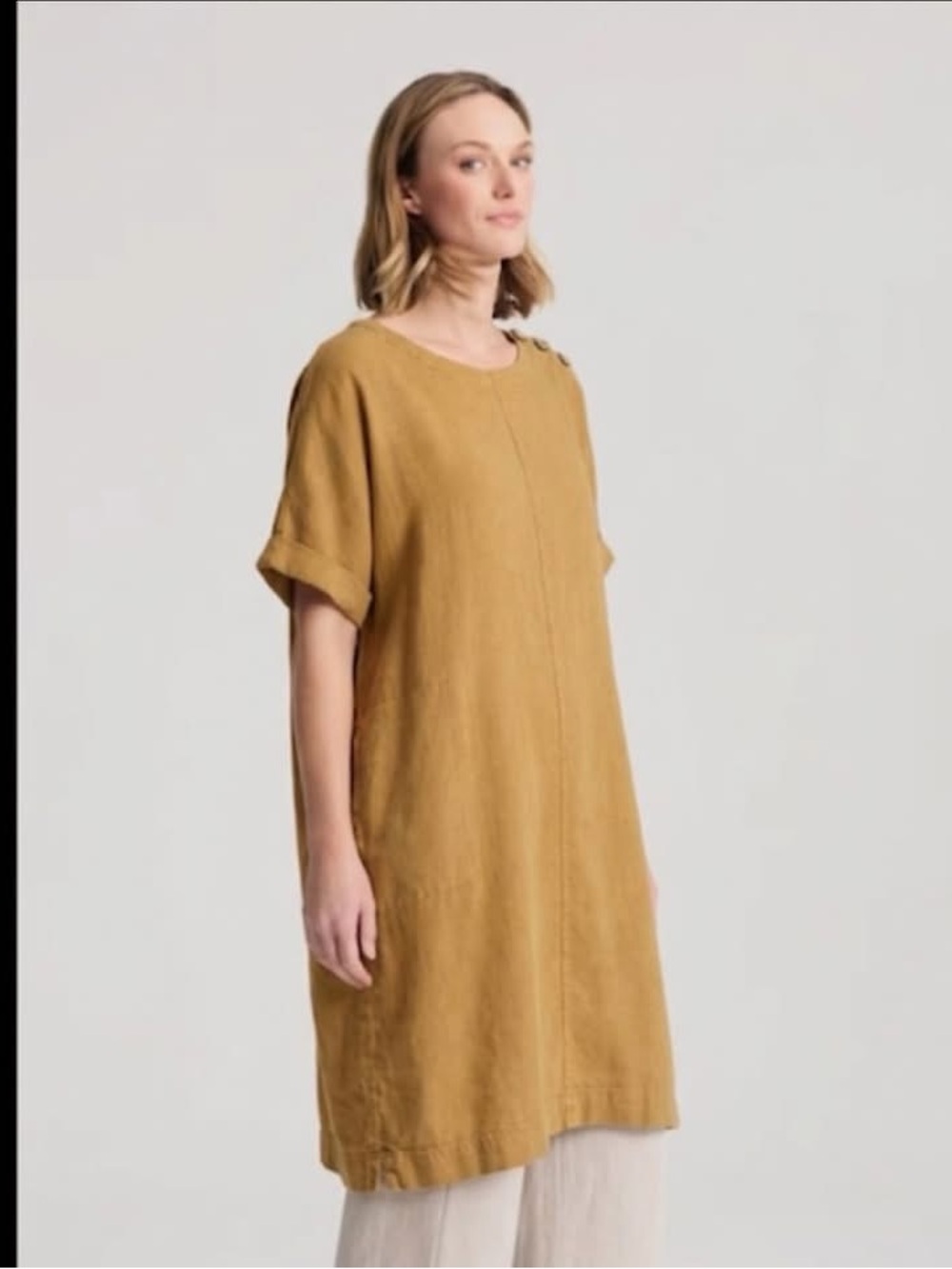 Pure Jil XL tall Relaxed Short-Sleeve Tunic Dress Mustard Lagenlook